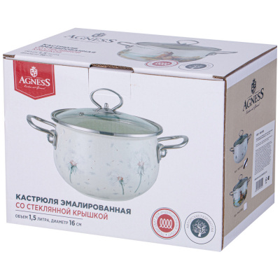 943-055 КАСТРЮЛЯ AGNESS ЭМАЛИРОВАННАЯ 1,5л СО СТЕКЛЯННОЙ КРЫШКОЙ
