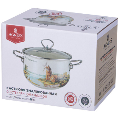 943-065 Кастрюля AGNESS "FAMILY HOUSE" 1,5л эмалированная со стеклянной крышкой